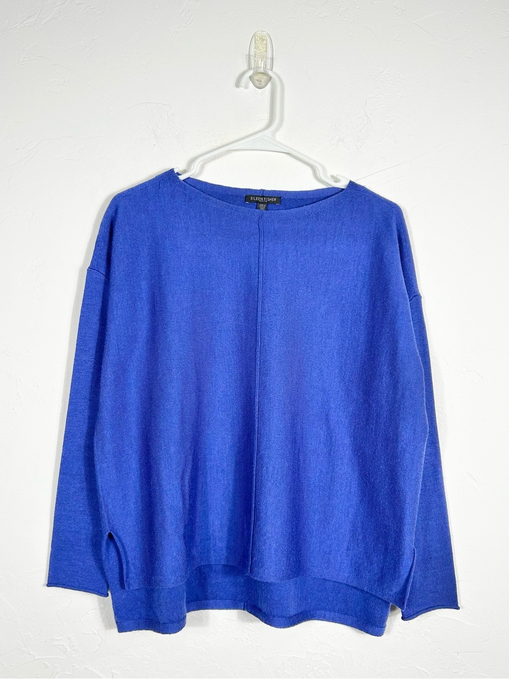 Eileen Fisher Blue Merino Wool Jersey Bateau Neck Box-Top Sweater PS